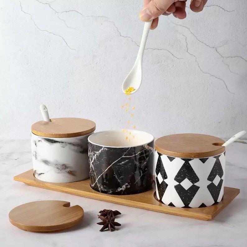 Spice Canister Set With Wooden Lid Coffee Jars Marble Design Etsy
