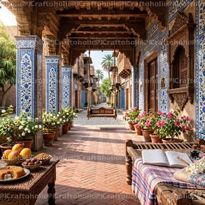 Puede incluir: Una veranda tradicional con pilares de azulejos florales azules y blancos, un columpio de madera y suelo de ladrillo. Una mesa de madera tallada sostiene un vaso de zumo, un plato de pastel y cuencos de fruta. Una cama tejida muestra un libro.