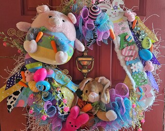 Ghirlanda della porta del coniglietto di Pasqua, arredamento della porta di Pasqua, decorazioni pasquali, ghirlanda della porta di primavera di Pasqua, ghirlanda del coniglietto di Pasqua, arredamento della porta di Pasqua