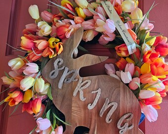 orange tulip wreath, Spring tulip wreath, coral tulip door hanger, Spring bunny door wreath, Spring tulips bunny wreath, tulip Spring decor