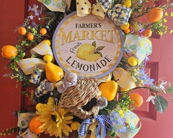 Lemonade Door Wreath, Citrus Fruit, Yellow & Green Decor (3ft Diameter)