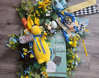 Spring/Summer/Easter navy and yellow door wreath,  Springtime bunny wreath, summer door hanger, bunny selfie-wall,  Spring door hanger,bunny