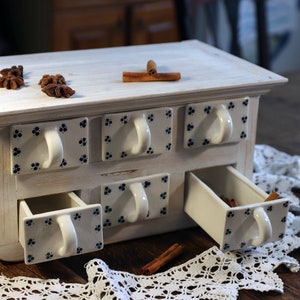 Handmade wooden cabinet with porcelain drawers / porcelain / wood / for spices / kitchen / decoration / ceramics / simple motifs
