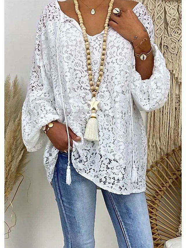 Womens Blouse White Floral Lace Long Sleeve Daily Vacation - Etsy