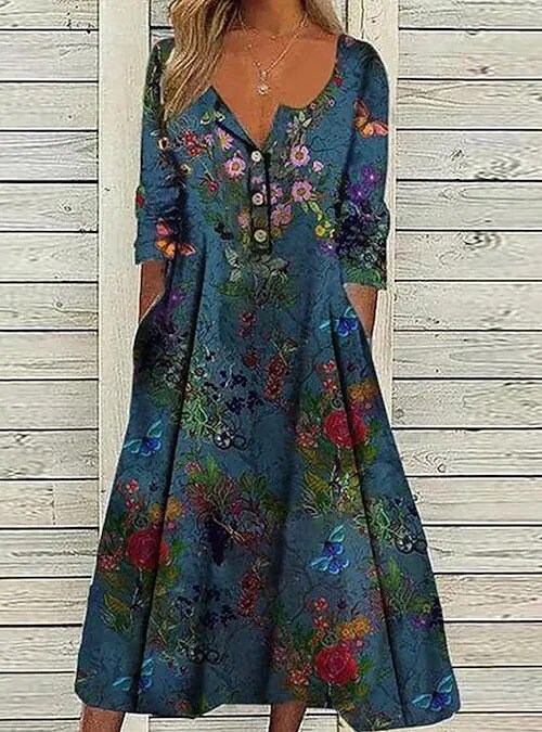 Womens Casual Dress Ethnic Dress Midi Dress Green Half Sleeve - Etsy