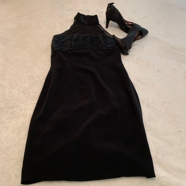 Vintage Black Tie Oleg Cassini Little Black Dress with Beading, Ruching and Illusion Neck and Chest Size 4
