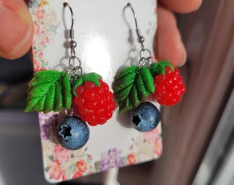 Blueberry Earrings, Raspberry Earrings, polymer clay jewelry, Berries Jewellery, Dangle Earrings,  , Valentine’s day Earrings