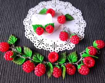 Beeren Armband aus Polymer Clay, Himbeer Armband, Himbeer Ohrringe, Fimo Schmuck, Sommer Ohrringe, Beerenschmuck, Schmuck