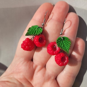 Raspberry Earrings, polymer clay jewelry, Women Gift, Fruit Earrings, Summer earrings, gift for her, Botanical Drops, realistic berry