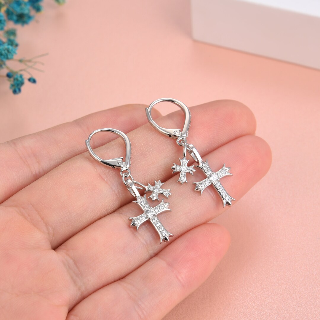 925 Sterling Silver Cross Dangle Hoop Earrings Cross Earrings Earrings Dangle Dangle Earrings