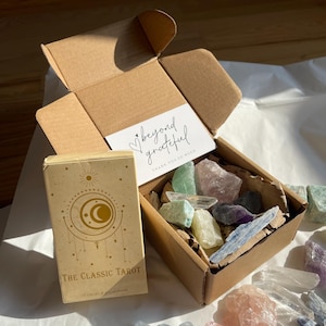 Crystal & Tarot Box Crystals, Amethyst, Celestite, Rose Quartz, Citrine +  Tarot Deck! Gifts for Healing, Clarity and Spiritual Connection