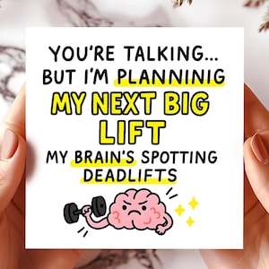 Divertente biglietto d'auguri con manubri, umorismo cartoon, motivazione per il fitness, biglietto d'auguri per gli amanti dell'allenamento, carta regalo divertente.