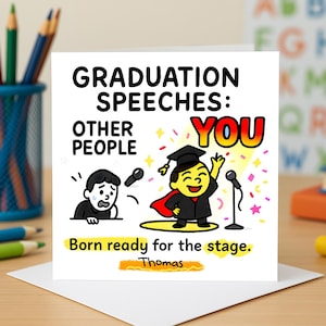May include: A graduation card featuring a cartoon illustration. The card's text reads "Graduation Speeches: Other People, YOU." The image depicts a nervous figure and a confident graduate. The bottom text says "Born ready for the stage." and the name "Thomas".