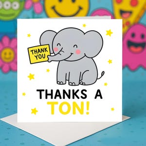 Thanks a Ton Elephant-bedankkaart, wenskaarten voor schattige dieren, grappige bedankkaarten, bedankkaart voor tekenfilmdieren