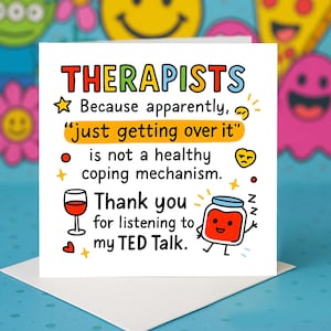 Cartes de voeux drôles de thérapeute, carte d'humour sur la santé mentale, remerciement du mécanisme d'adaptation, soutien personnel, cadeau carte de blague TED Talk.