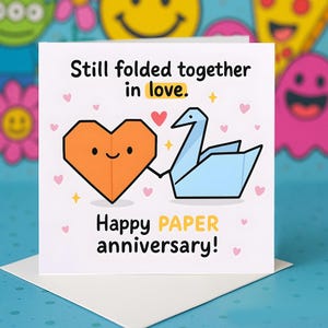 Cartão de aniversário de origami, cartão de papel dobrado com coração e cisne, cartão personalizado para o primeiro ano de relacionamento de casal, cartões de felicitações