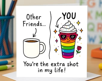 Cartão engraçado de amigo com café, presente com trocadilho de arco-íris com dose extra, humor de amizade, cartões coloridos, cartões de felicitações engraçados, cartão de amor com café.
