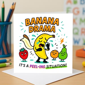 Carte dramatique banane drôle, cartes de voeux humour fruit, cartes situation de peeling, cartes de soutien émotionnel, cartes cadeau idiot de bande dessinée.