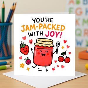 Je zit boordevol vreugdekaarten, leuke woordspelingen, grappig geluk, vrolijkheid, vriendschap, bedankkaarten, wenskaarten en vrolijke notitiekaarten.