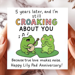 Tarjeta de aniversario de pareja de ranas, tarjeta de felicitación con nenúfar y música, tarjeta personalizada para celebrar cinco años de relación, tarjetas de felicitación