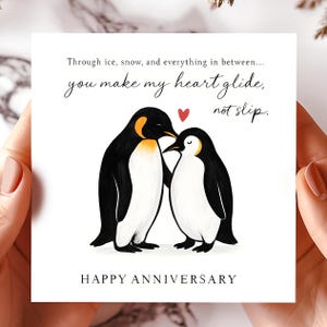 Tarjeta de felicitación de aniversario de pareja de pingüinos con tema de amor de deslizamiento sobre hielo Tarjetas de felicitación de pingüinos lindas Tarjeta de felicitación romántica Tarjeta de regalo de relación