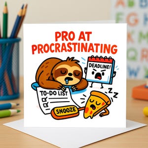 Carte paresseux procrastination, cartes de voeux humour paresseux, cartes blague échéance manquée, cartes bouton répétition, cartes de voeux liste de choses à faire drôle.
