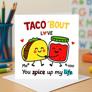 Tarjeta divertida de amor con tacos, lindas tarjetas de felicitación, tarjetas con humor de salsa, tarjetas de amor para amantes de la comida, tarjetas de felicitación románticas, idea de regalo de amor picante