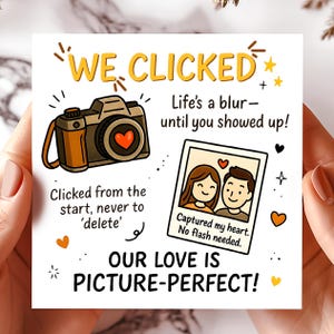 Cartão de amor fofo com câmera, trocadilho de casal perfeito, presente com foto engraçada, piada de coração capturado, cartões de relacionamento, cartões de felicitações, cartão divertido.