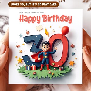 Superhero 30th Birthday Card with Man Balloon Stars and Comic Fun Theme – Unique Adult Milestone Celebration Greeting cards for Him Brother