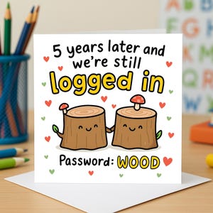 Cartão de felicitações de 5 anos de aniversário de madeira com casal de tocos de árvore e cogumelos, cartões de felicitações personalizados de amor pela natureza, celebração de relacionamento