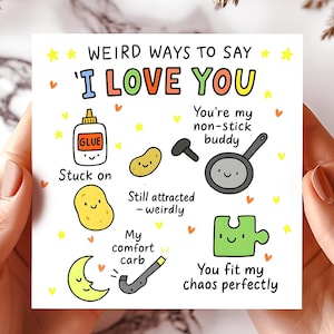Lustige Liebesgrußkarte mit seltsamen Arten, I Love You zu sagen Niedliche Illustrierte Grußkarte für Partner Grußkarten Humor Grußkarte