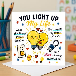 Cartão de amor "Você Ilumina Minha Vida", design fofo de faísca de lâmpada, cartões de amor em forma de circuito, cartões de felicitações românticos, presente engraçado para ligar.