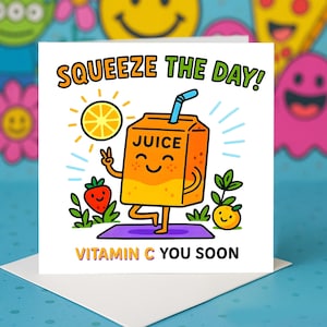 Leuke Juice Box Card, Squeeze the Day-wenskaarten, Citrusfruit Fun-kaarten, Yoga Smile-kaarten, Vitamine C-positieve kaarten cadeau.