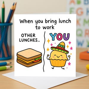 Lindo cartão de elogio para almoço com cupcake e sanduíche, cartão de felicitações personalizado para trabalho, humor, comida, relacionamento, cartões de felicitações
