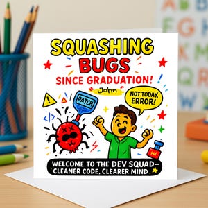 May include: A white greeting card with a vibrant cartoon design. The card says "Squashing Bugs Since Graduation!" and "Welcome to the Dev Squad - Cleaner Code, Clearer Mind." The illustration includes a smiling character and a red bug.