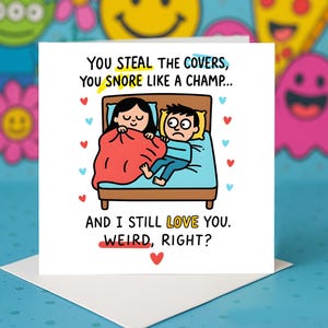 Realidades de las relaciones: Tarjeta divertida de pareja con ronquidos y robo de mantas - Chiste de amor gracioso y tierno - Tarjetas de felicitación para parejas
