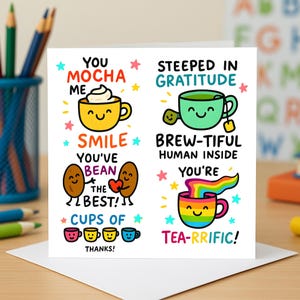 Tarjeta de agradecimiento con granos de café y té, divertidas tarjetas de felicitación con cafeína, nota de agradecimiento con un juego de palabras colorido, idea peculiar de regalo de amor y gratitud.