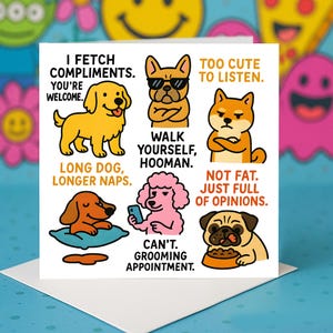 Dog Sass & Laughs - Carte humoristique de chien drôle pour les amoureux des chiens, anniversaire, cadeau pour parent d'animal de compagnie, expressions de chien mignonnes, idée de cartes de voeux drôles