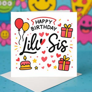 Tarjeta de cumpleaños para hermana, linda ilustración de globos y pastel, tarjeta personalizada para celebrar a la hermana menor, tarjeta de felicitación de amor para arte de hermanos.