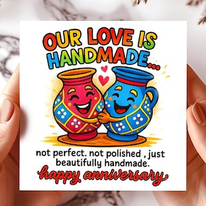 Funny Handmade Love Anniversary Card - Not Perfect But Beautifully Ours - Greeting cards - Pottery Couple - Quirky Love cards Gift