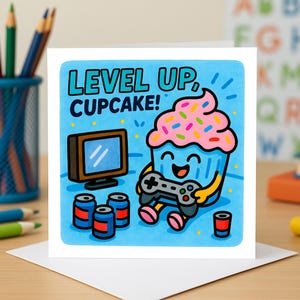 Level Up Cupcake Karte, Gamer Geburtstags Grußkarten, Videospiel Spaß Karte, süße Gaming Karten, Sprinkles Freude spielerische Cupcake Karte.