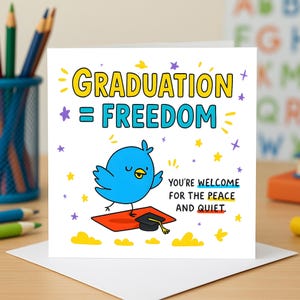 Abschluss-Grußkarte, niedlicher blauer Vogel, der auf Kappe-Design, lustige College Geschenkkarte, Lehrer-Anerkennungs-Grußkarte, Glückwunschsgeschenk fliegt