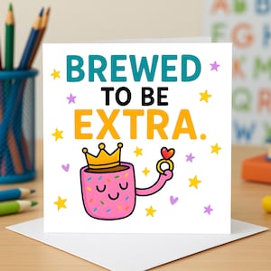 Bonita tarjeta de felicitación con temática de café, con chispitas y descaro. Divertida tarjeta de felicitación de confianza para regalo de la reina. Divertidas tarjetas de felicitación.