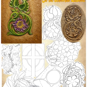 May include: A black and white line drawing of a notebook cover design with tooling patterns. The design includes a floral pattern, a bear, and a geometric pattern. The text "Ed the Bear Man LaBarre" is included in the image.