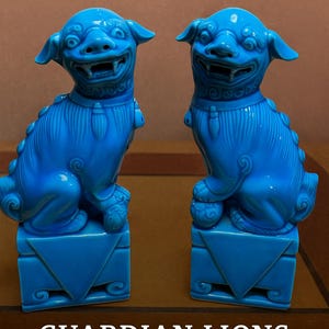 Pair of Vintage Chinese Turquoise Foo Dogs – Guardian Lions – Ceramic Figurines – 16 cm