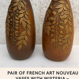 Pair of French Art Nouveau Vases with Wisteria Relief – Signed Desrousseaux, Céramique d’Art – IA, Patinated Terracotta, c.1900