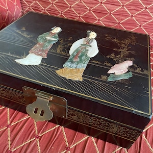 beautiful Chinese jewelry box inlaid with jade and semi-precious stones, hand painted in gold 20.5x28x9.5 cm