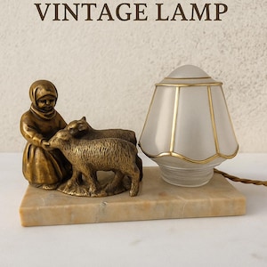 Vintage French Table Lamp – Girl with Sheep Sculpture on Marble Base, Glass Shade