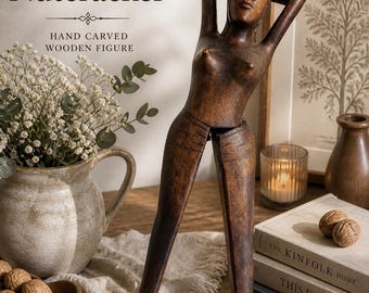 Cascanueces de madera tallado a mano – Escultura de figura femenina, decoración de estilo africano de mediados de siglo.