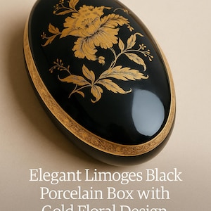 Elegant Limoges Black Porcelain Box with Gold Floral Design – MNP France – Oval Jewelry or Candy Box